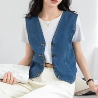 Dragan Pulse-V-Neck Washed Button Denim Vest