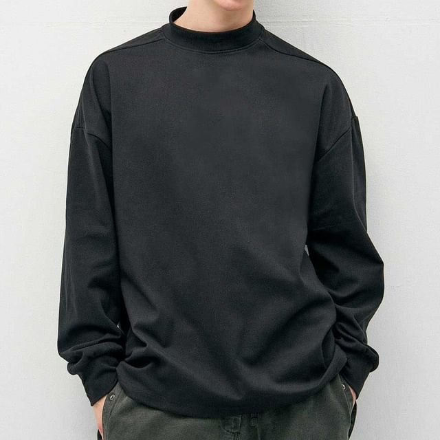 Adothuiastic-Long-Sleeve Mock Neck Plain T-Shirt