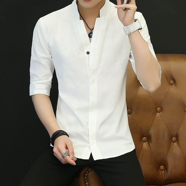 Acrius-Elbow-Sleeve Mandarin Collar Plain Shirt
