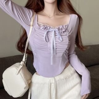 Maisee-Long-Sleeve Square Neck Plain Ruffle Trim Blouse