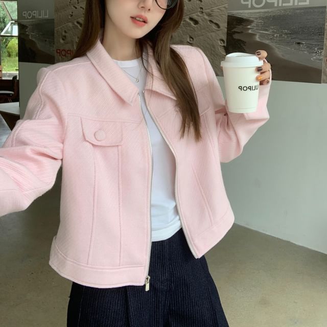 Beem-Collared Plain Zip-Up Crop Jacket
