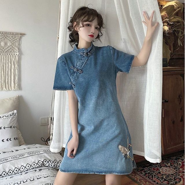 chinese denim dress cotton denim chinese imperial scoop neck dress (jeandark)