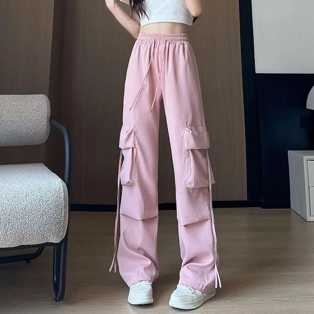Everose-Drawstring Waist Plain Wide Leg Cargo Pants