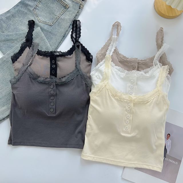 DIYI-Plain Lace Trim Henley Camisole Top