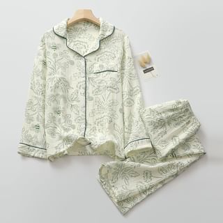 Finlies Pajama Set Long Sleeve Collared Floral Print Shirt + Elastic Waist Straight
