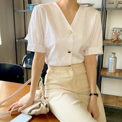 Cherryville - Puff-Sleeve Button-Trim Blouse Cherryville - Puff-Sleeve Button-Trim Blouse