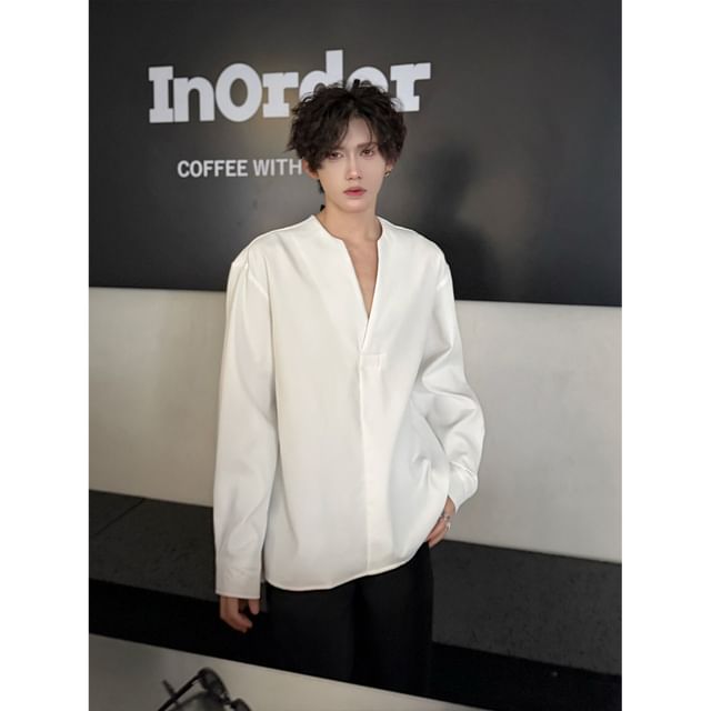 ravewider-Long-Sleeve V-Neck Plain Shirt