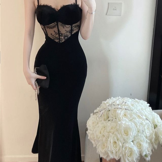 Manicotto - Spaghetti Strap Lace Panel Midi Mermaid Corset Dress | YesStyle