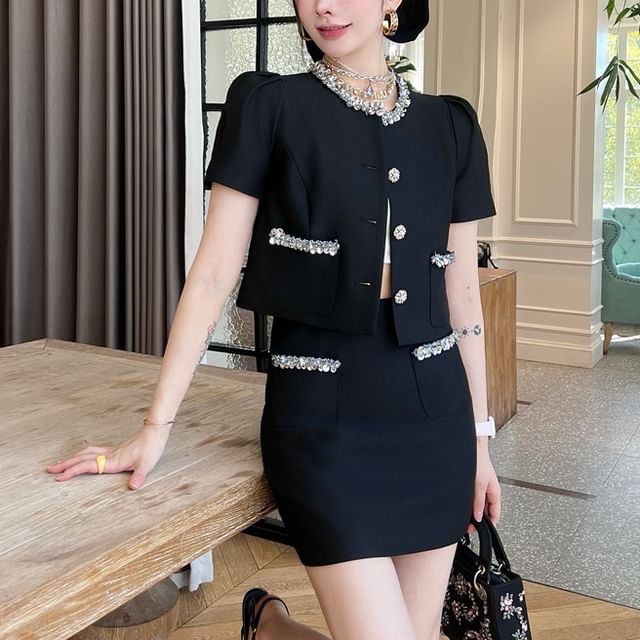 Rosewind-Set Short-Sleeve Crew Neck Rhinestone Button Up Top High Rise Mini A-Line Skirt