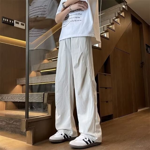 Maxelane-Drawstring Waist Plain Loose Fit Pants