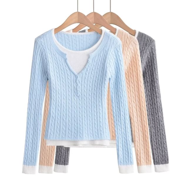 Asiris-Round Neck Mock Two Piece Cable Knitted Sweater
