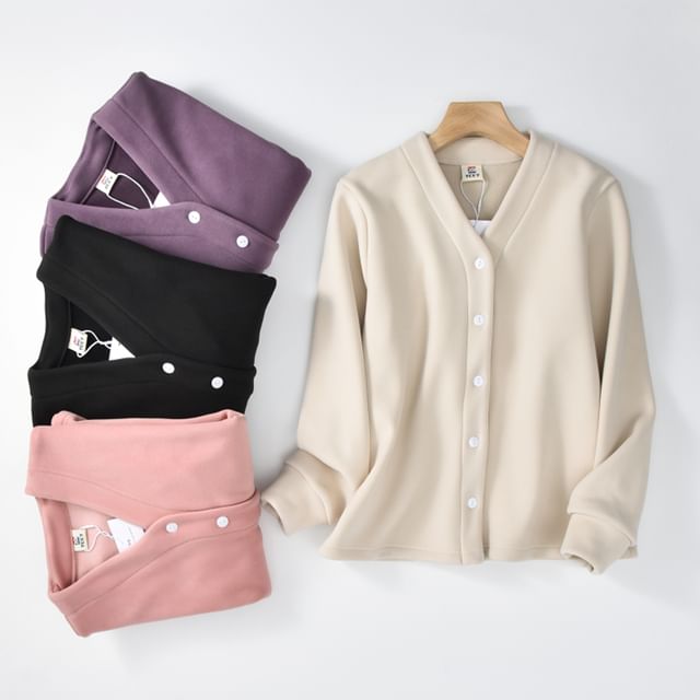KUMI-V-Neck Button-Up Plain Cardigan