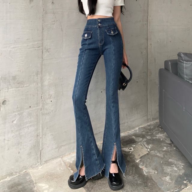 Pobblebonk - High Waist Slit Bell Bottom Jeans | YesStyle