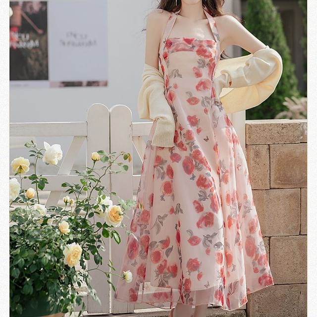 Set: Halter Neck Floral Print Maxi A-Line Dress + Light Jacket