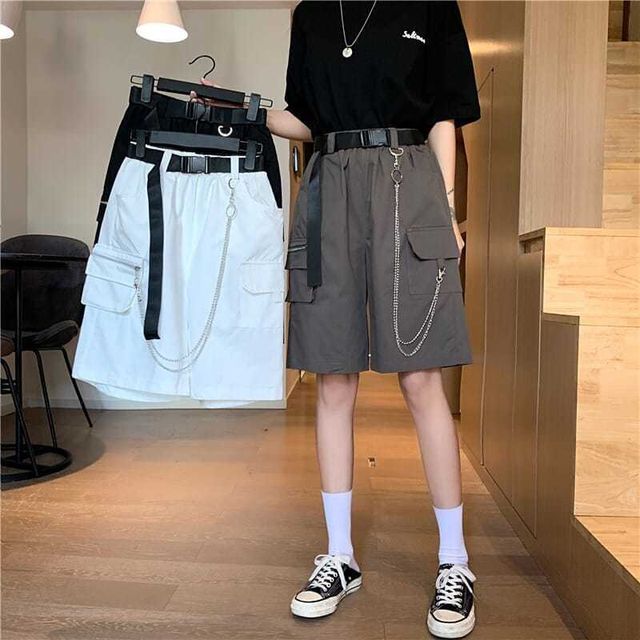 Sienne-Elastic Waist Plain Cargo Bermuda Shorts