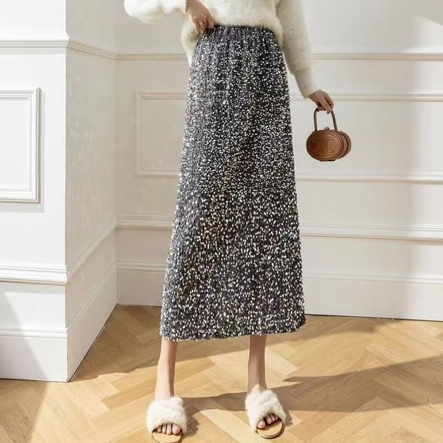 Everose-High Rise Plain Sequin Slit Midi H-Line Skirt