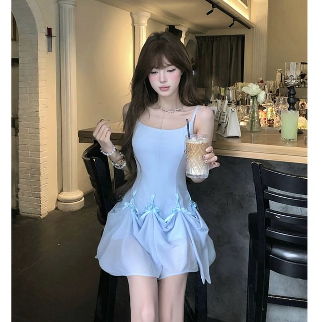 Magma-Spaghetti Strap Scoop Neck Plain Ruffle Bowknot Mini A-Line Dress
