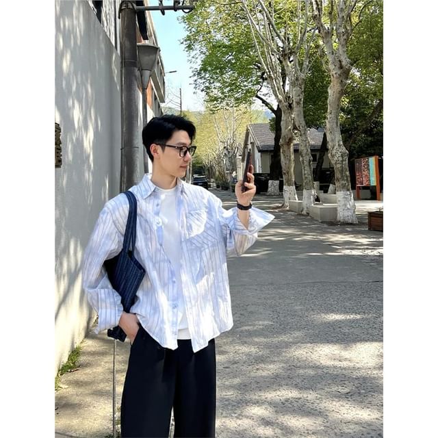 Breeson-Long Sleeve Collared Striped Shirt