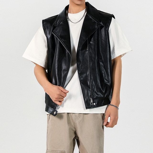 Omozando-Plain Faux Leather Zip Biker Vest