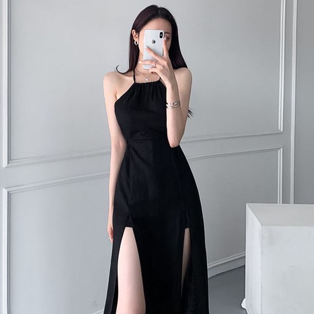 Coris-Halter Slit Midi A-Line Dress
