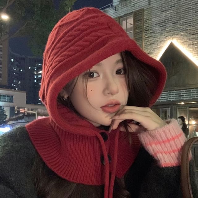 Pompabee-Plain Cable Knit Button Balaclava