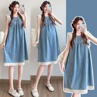 Rosy Street Maternity Sleeveless Round Neck Washed Panel A-Line Denim Dress Sale