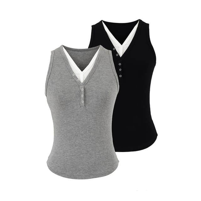 Ulark-Mock Two-Piece Sleeveless V-Neck Two Tone Top