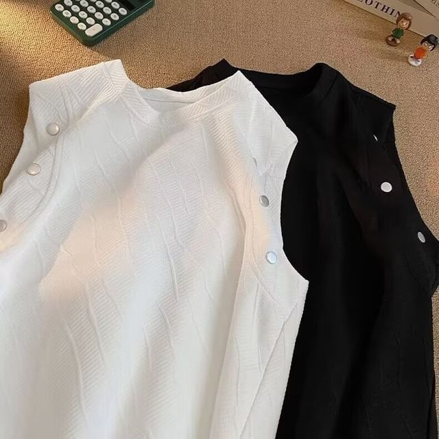 Sinlarity-Crew Neck Plain Jacquard Tank Top