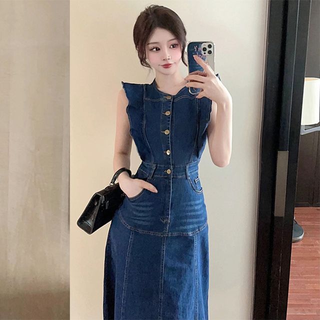 mother of bride dress a line Easter Dresses Blue Denim Print Sleeveless One-Shoulder Strap Bodycon Midi Dresses(Blue/S) main image 1