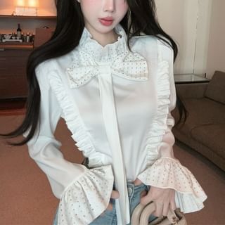 Magma-Mock Neck Dotted Ruffle Trim Rhinestone Blouse