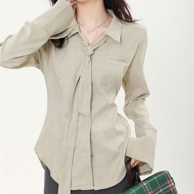 Fabricino-Long-Sleeve Collared Striped Shirt