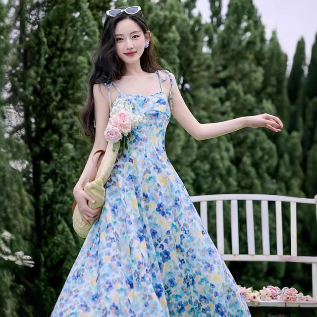 Cocaliso - Spaghetti Strap Floral Print Midi A-Line Dress / Plain Cardigan  / Set | YesStyle