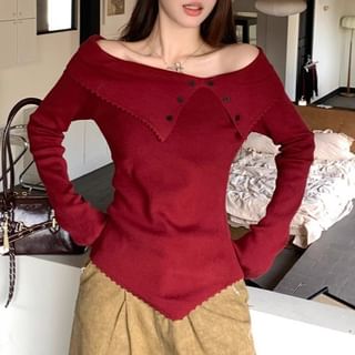 Allinya-Long-Sleeve Off-Shoulder Plain Asymmetrical Knit Top