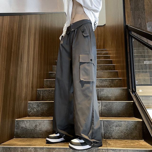 Diphon Low Rise Plain Wide Leg Cargo Pants YesStyle