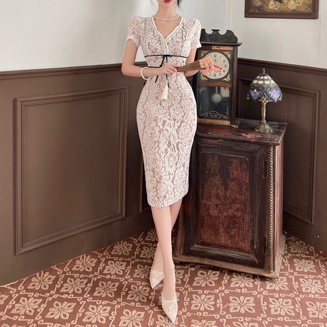 Aurora - Short-Sleeve Lace Sheath Dress | YesStyle