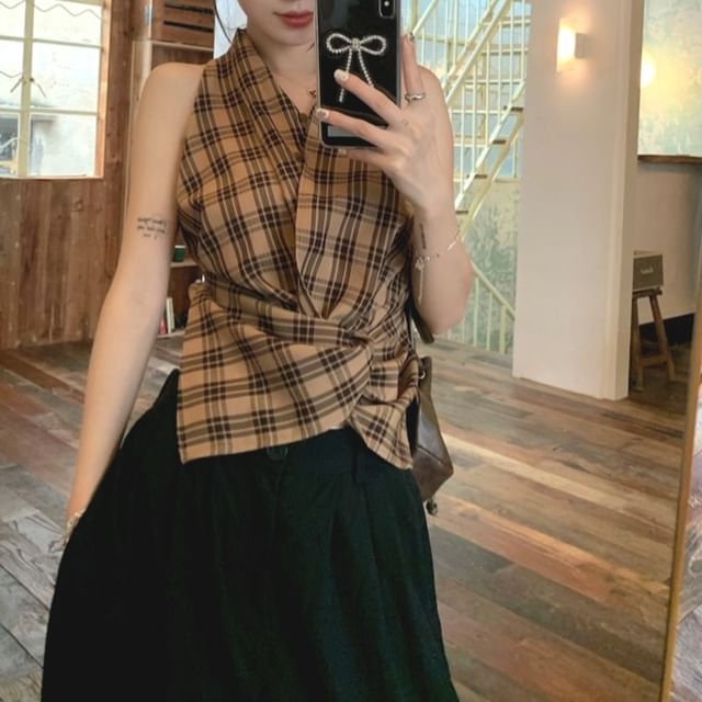 Gilmort-Halter V-Neck Plaid Asymmetrical Ruched Buttoned Crop Top High Waist Plain Wide Leg Pants