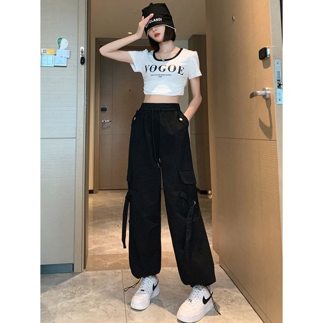 Supernova - High Waist Plain Drawstring Cargo Baggy Pants | YesStyle