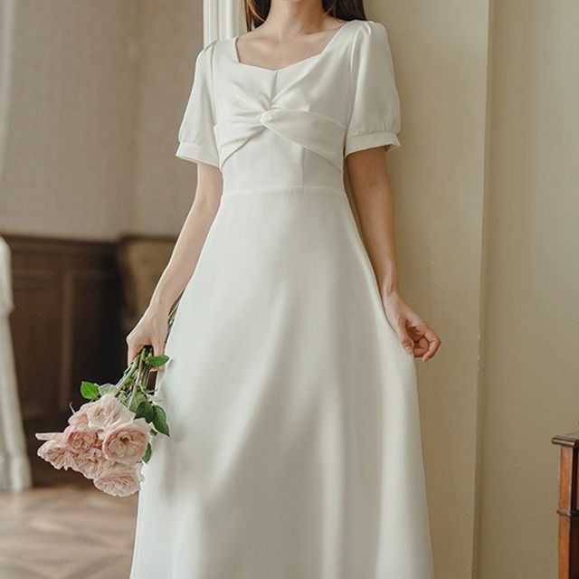 sansweet Short-Sleeve Plain Midi A-Line Dress YesStyle