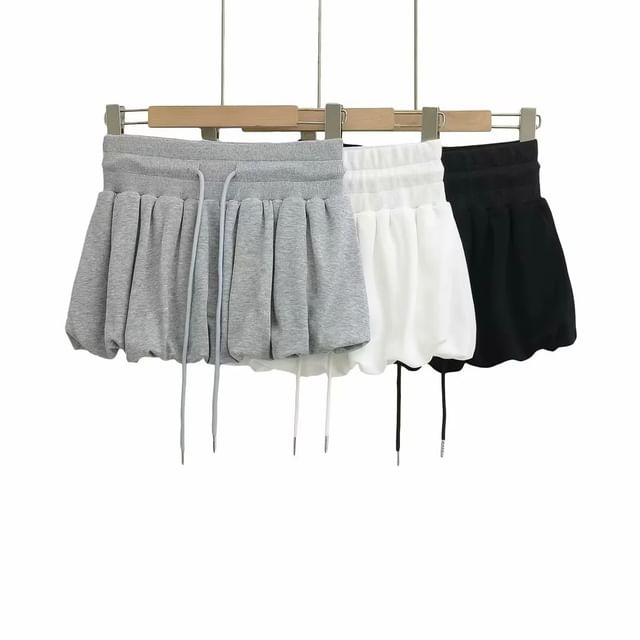 Asiris-Drawstring Waist Plain Paperbag Mini Skirt