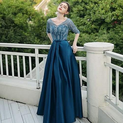 Destine Elbow Sleeve V Neck Satin A Line Evening Gown YesStyle