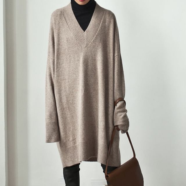 Beaustreet-V-Neck Ribbed Sweater Dress