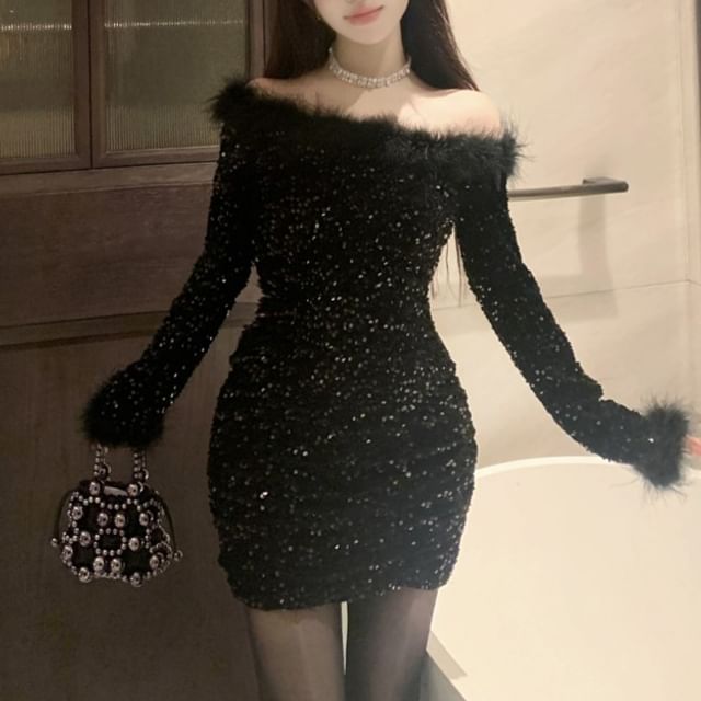 Yako - Off-Shoulder Long-Sleeve Sequin Fluffy Mini Bodycon Dress | YesStyle