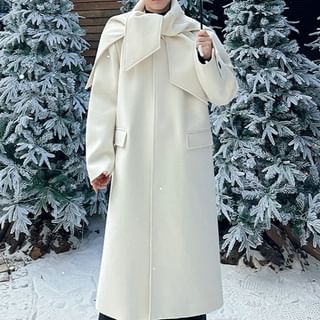 Omozando-Tie-Neck Plain Midi Coat