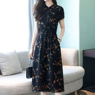 Kotoba - Floral Print Short-Sleeve Chiffon Dress | YesStyle