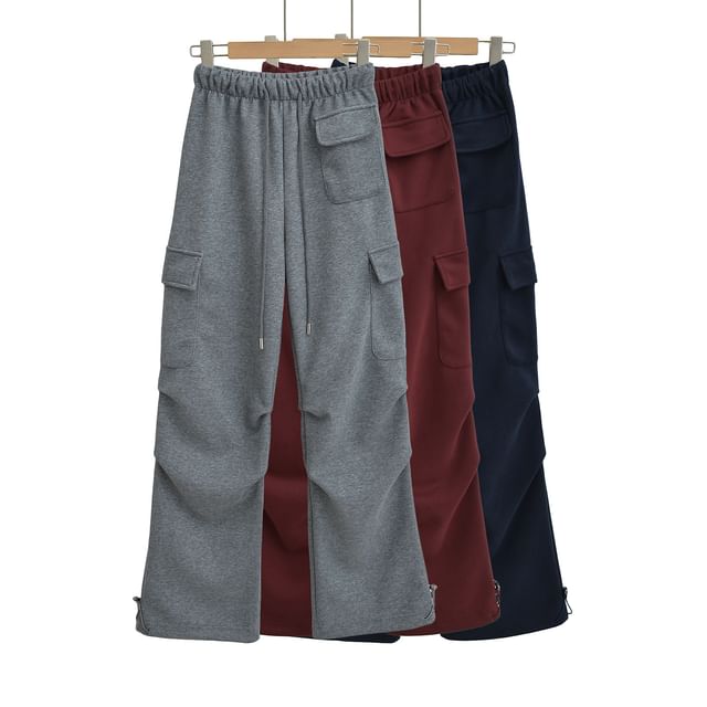 Ulark-Drawstring Waist Plain Loose Fit Cargo Sweatpants