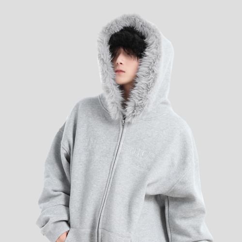 Fur Trimming Hooded Zip-Up Melange Gray INStudio - Furry Trim