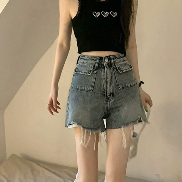 Everose-High Waist Distressed Denim Shorts