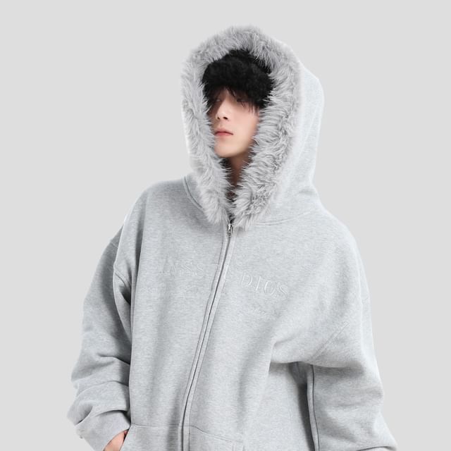 INStudio-Furry Trim Plain Zip-Up Hoodie