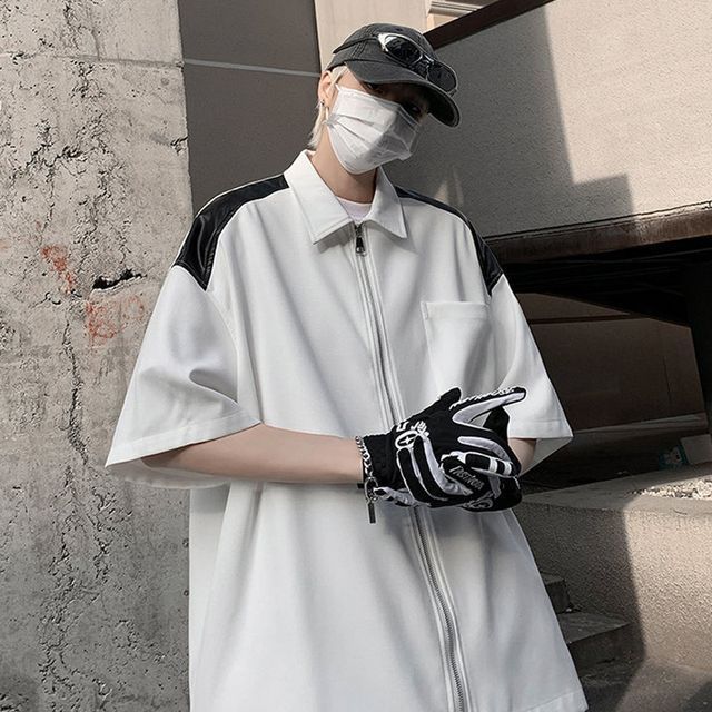 DuckleBeam-Short-Sleeve Collared Two Tone Panel Zip Shirt
