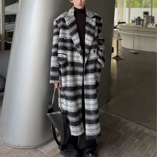 Orungeetun-Lapel Collar Plaid Double Breasted Long Coat